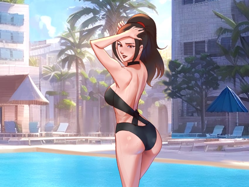 1girls avatar_legends avatar_the_last_airbender azula black_swimsuit brown_eyes brown_hair choker female fire_nation gonotex light-skinned_female looking_at_viewer looking_back ponytail pool princess_resort solo_female swimsuit water