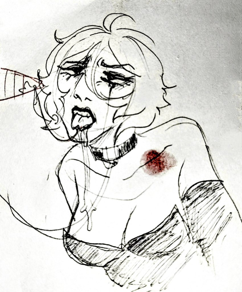 9d00m_(artist) after_deepthroat after_fellatio ahe_gao black_lipstick collar cum cum_in_mouth cum_on_breasts cum_on_face cum_string dakota_(9d00m) deepthroat ruined_makeup saliva saliva_string sketch tears tongue_out