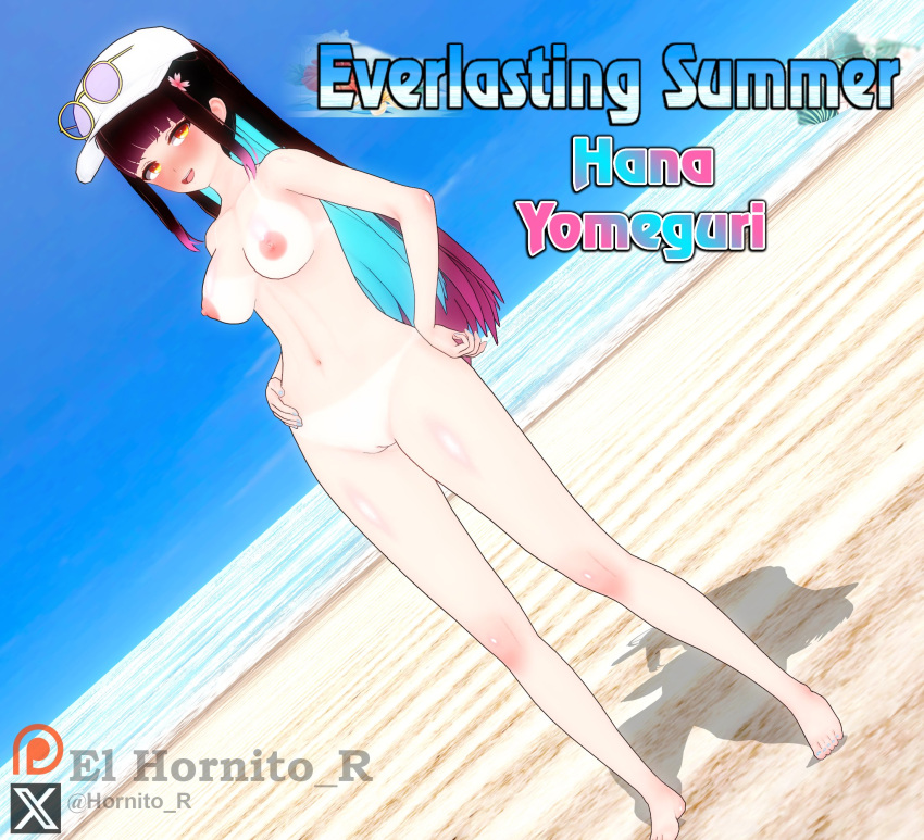 1girls 3d 3d_(artwork) 3d_model areola areolae beach black_hair blush breasts day el_hornito_r exhibitionism hana_yomeguri long_hair looking_at_viewer multicolored_hair nipples nude_female orange_eyes pink_hair public public_nudity pussy sky_blue_hair solo_female tagme text thighs virtual_youtuber vtuber youtube