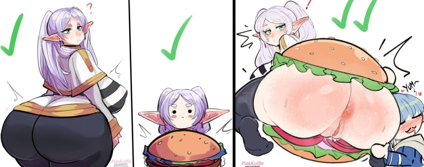 1boy 1girls ? anus ass ass_focus big_ass bottomless breasts burger edit edited elf elf_ears elf_female female frieren gonzalo_costa himmel_(sousou_no_frieren) large_ass large_breasts male pinkkoffin pussy sousou_no_frieren thighs white_background white_hair white_hair_female wide_hips