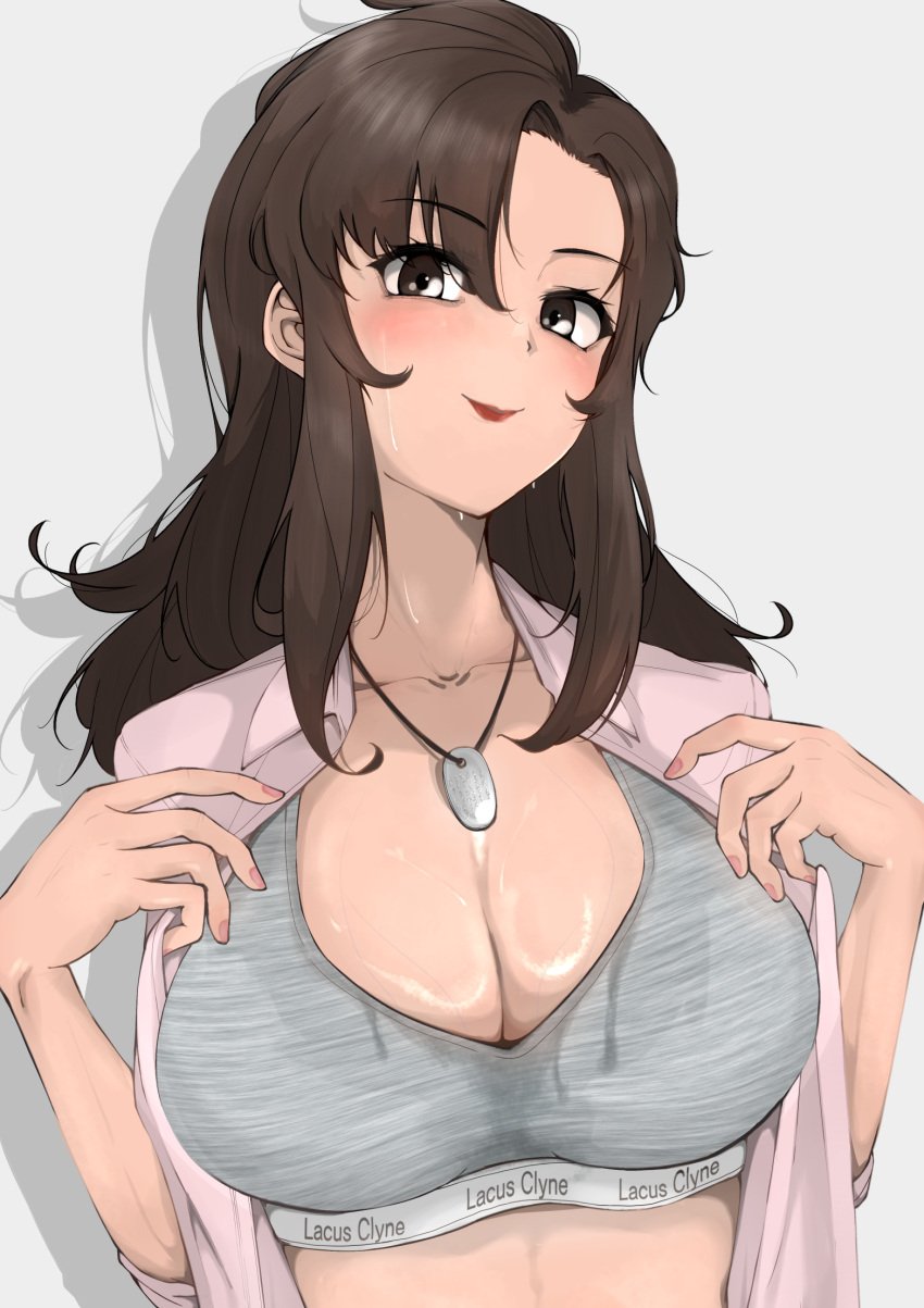 1girls artist_request big_breasts black_eyes blush bra brown_hair busty cleavage dog_tags female female_focus female_only flashing_breasts gundam gundam_seed gundam_seed_destiny gundam_seed_freedom gym_clothes hi_res high_resolution highres jewelry large_breasts light-skinned_female light_skin lips lipstick looking_at_viewer makeup mature mature_female milf mobile_suit_gundam murrue_ramius nail_polish necklace open_clothes open_shirt painted_nails pale-skinned_female pale_skin pink_nail_polish pink_nails pinup pose posing presenting_breasts red_lips red_lipstick shirt smile smiling smiling_at_viewer sports_bra sweat sweatdrop sweating sweaty sweaty_body sweaty_breasts underwear very_high_resolution wavy_hair