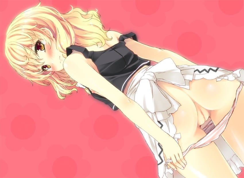 ass bare_shoulders blonde_hair blush brown_eyes censored dutch_angle embarrassed kaneru looking_at_viewer looking_back marisa_kirisame panties panty_pull pussy short_hair solo strap_slip tear touhou uncensored underwear white_panties