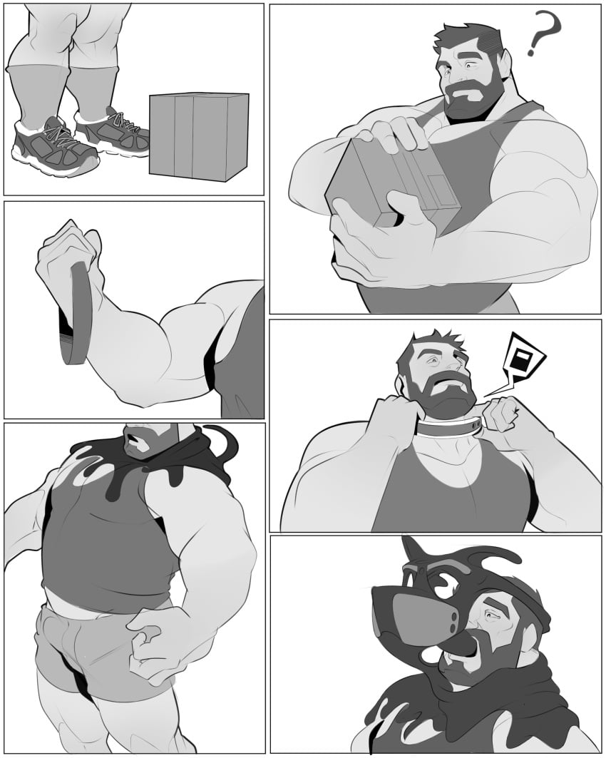 2024 4:5 5_fingers absurd_res beard black_and_white black_goo bottomwear box bulge clothing collar comic container facial_hair fingers footwear goo_transformation hi_res human male mammal monochrome muscular question_mark shoes shorts simple_background socks solo taurodin transformation white_background