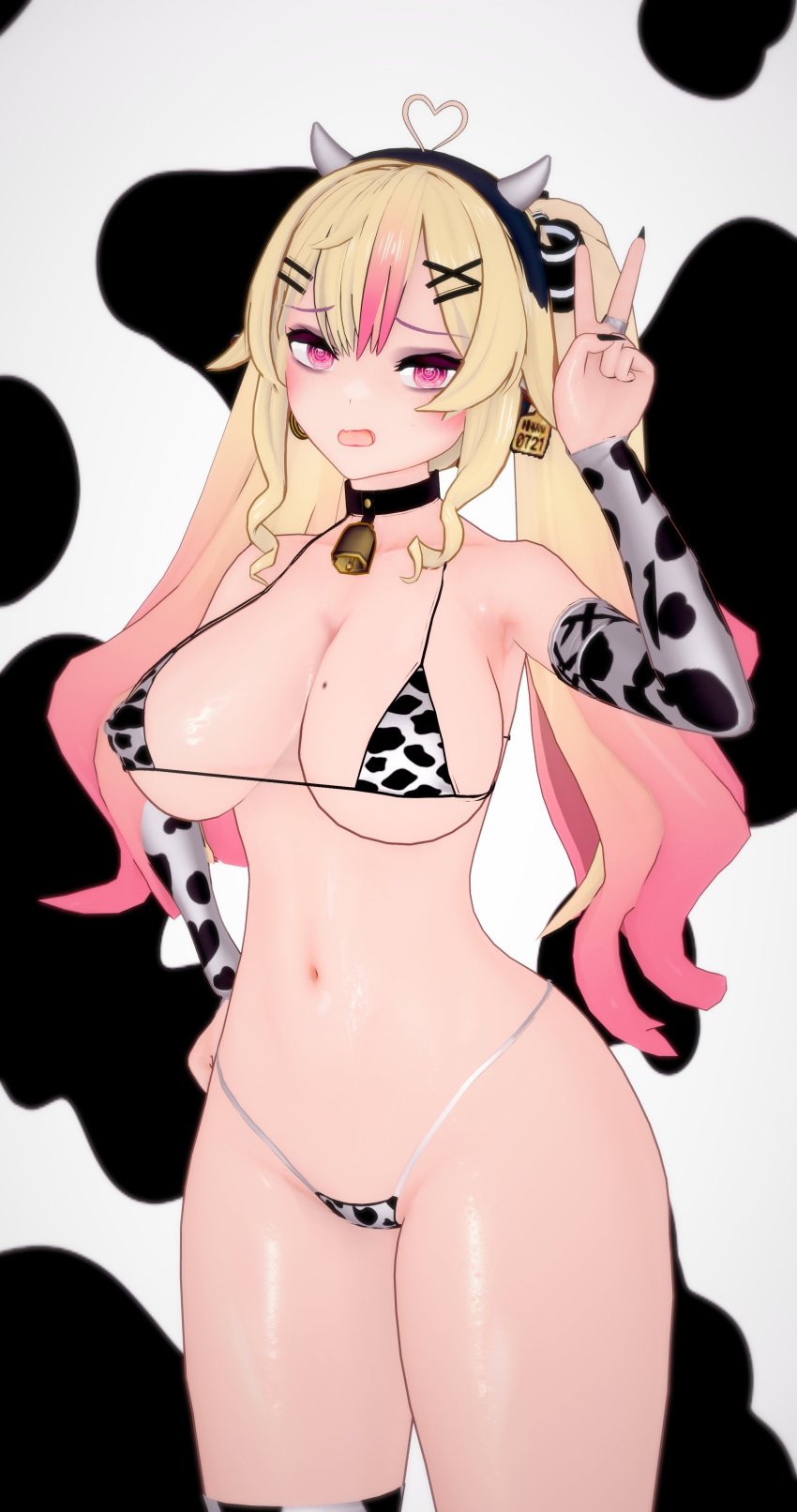 1girls 3d ahoge armwear ass bell big_ass big_breasts bikini black_nails blonde_hair breasts collar cow_bell cow_bikini cow_girl cow_horns cow_print cow_print_armwear cow_print_bikini cow_print_thighhighs cow_tag deluxe_rosie eyeshadow female female_only heart_ahoge hips hourglass_figure indie_virtual_youtuber light-skinned_female light_skin long_hair looking_at_viewer multicolored_hair name_tag nipple_bulge open_mouth peace_sign pink_eyes pink_hair sleeves solo solo_female standing suko_(vtuber) thick_thighs thighhighs thighs thin_waist twintails virtual_youtuber wide_hips