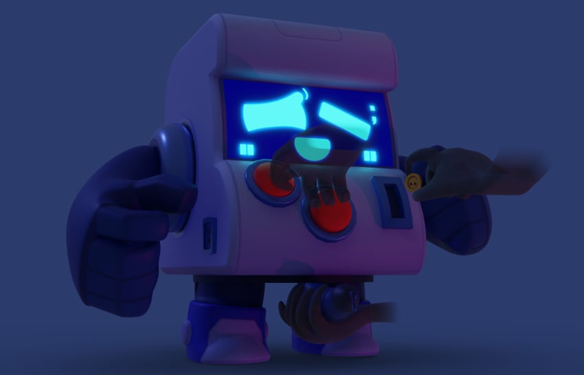 1boy 3d 8-bit_(brawl_stars) arcade arcade_machine blender blender_(software) blush brawl_stars disembodied_hand genital_fluids genitals hi_res holding_penis penis precum robot robot_penis simple_background solo solo_focus solo_male supercell sweat sweatdrop