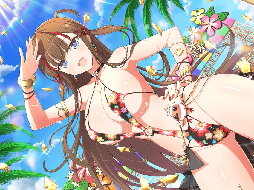 armpits ass_visible_through_thighs bare_arms bare_belly bare_legs bare_shoulders bare_thighs big_breasts bikini blush body_blush breasts brown_hair chinese_knot choker cleavage collarbone cross_pupils earrings floral_print hair_ornament hand_on_own_hip long_hair marvelous nail_polish official_art open_mouth outdoors red_nails revealing_clothes senran_kagura senran_kagura_new_link shiny_skin sideboob slingshot_swimsuit smile thick_thighs thighs toki_(senran_kagura) underboob wet_body wrist_cuffs yaegashi_nan