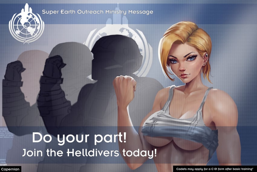 big_breasts capernian clothed clothing helldivers helldivers_2 partially_clothed propaganda tanktop underboob