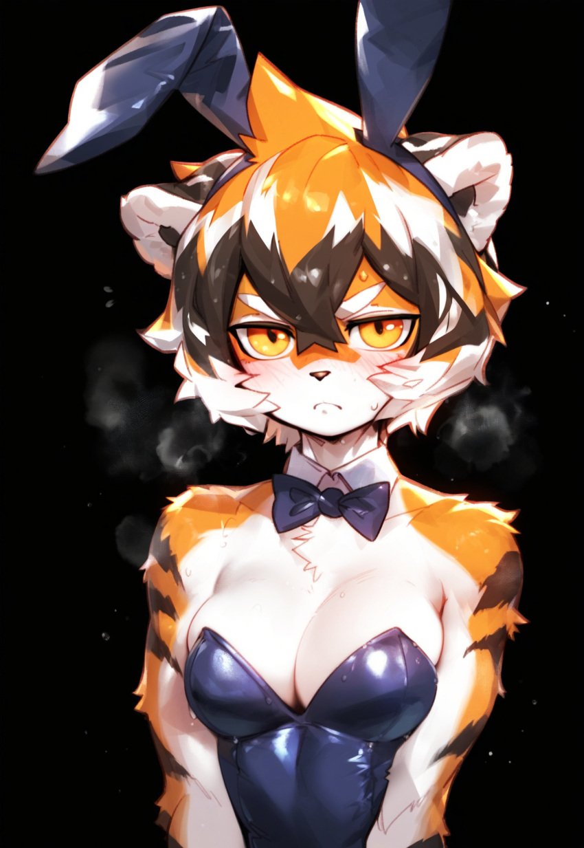 ai_generated arknights blushing breasts bunny_ears cleavage felid feline female fur furry hair heart_eyes heart_symbol hi_res humanoid humanoid_female looking_at_viewer mammal multicolored_body multicolored_fur multicolored_hair short_hair tiger tiger_girl waai_fu_(arknights)