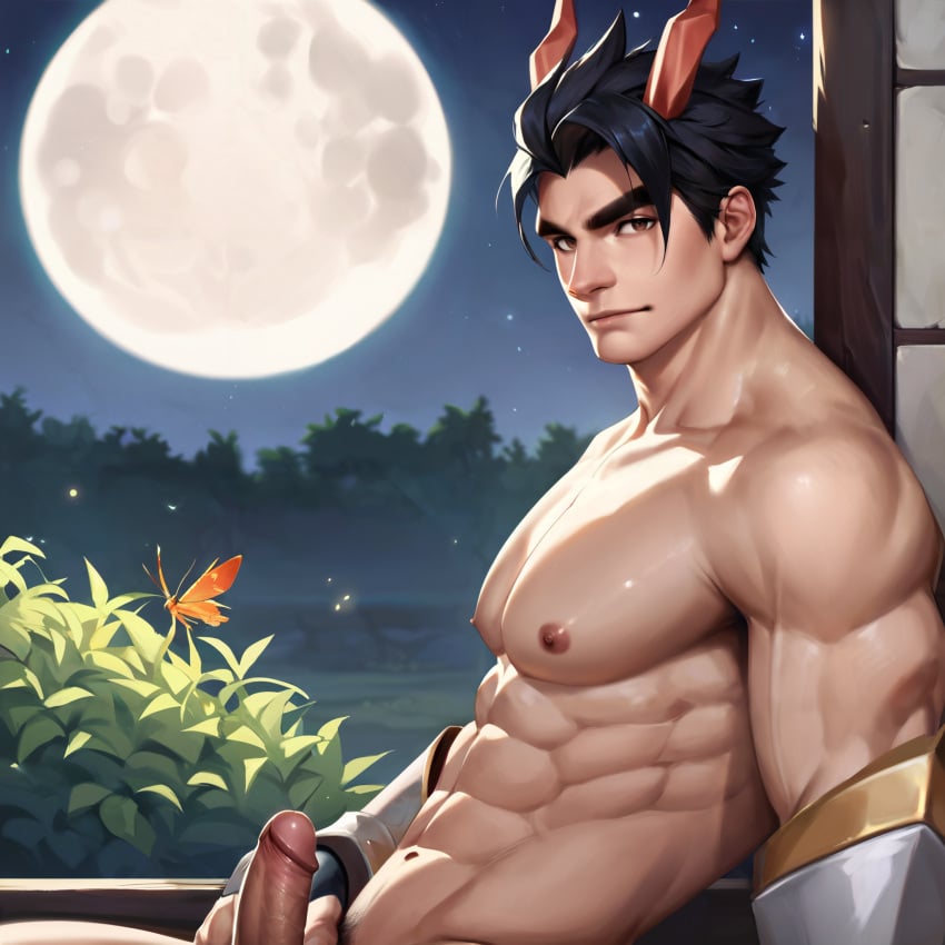 1boy abs ai_generated butterfly erection looking_at_viewer male male_only manly mlbb mobile_legends mobile_legends:_bang_bang moon muscular night nipples penis presenting red_horns sitting solo solo_focus stable_diffusion window yu_zhong