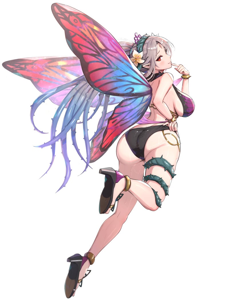 1girls 2024 absurdres adjusting_clothes adjusting_swimsuit alternate_costume ass ass_focus bikini black_bikini blush bracelet breasts butterfly_wings cleavage facial_mark fairy fairy_wings female female_only finger_to_mouth fingernails fire_emblem fire_emblem_heroes flower forehead_mark from_behind full_body gonzarez grey_hair hair_flower hair_ornament high_heels highres insect_wings jewelry large_breasts leg_up light-skinned_female light_skin lips long_hair looking_at_viewer looking_back nintendo official_alternate_costume parted_bangs plant plumeria_(fire_emblem) plumeria_(summer)_(fire_emblem) pointy_ears red_eyes seductive_smile sideboob simple_background smile solo sweat sweatdrop swimsuit thigh_strap thighs thorns vines white_background wings