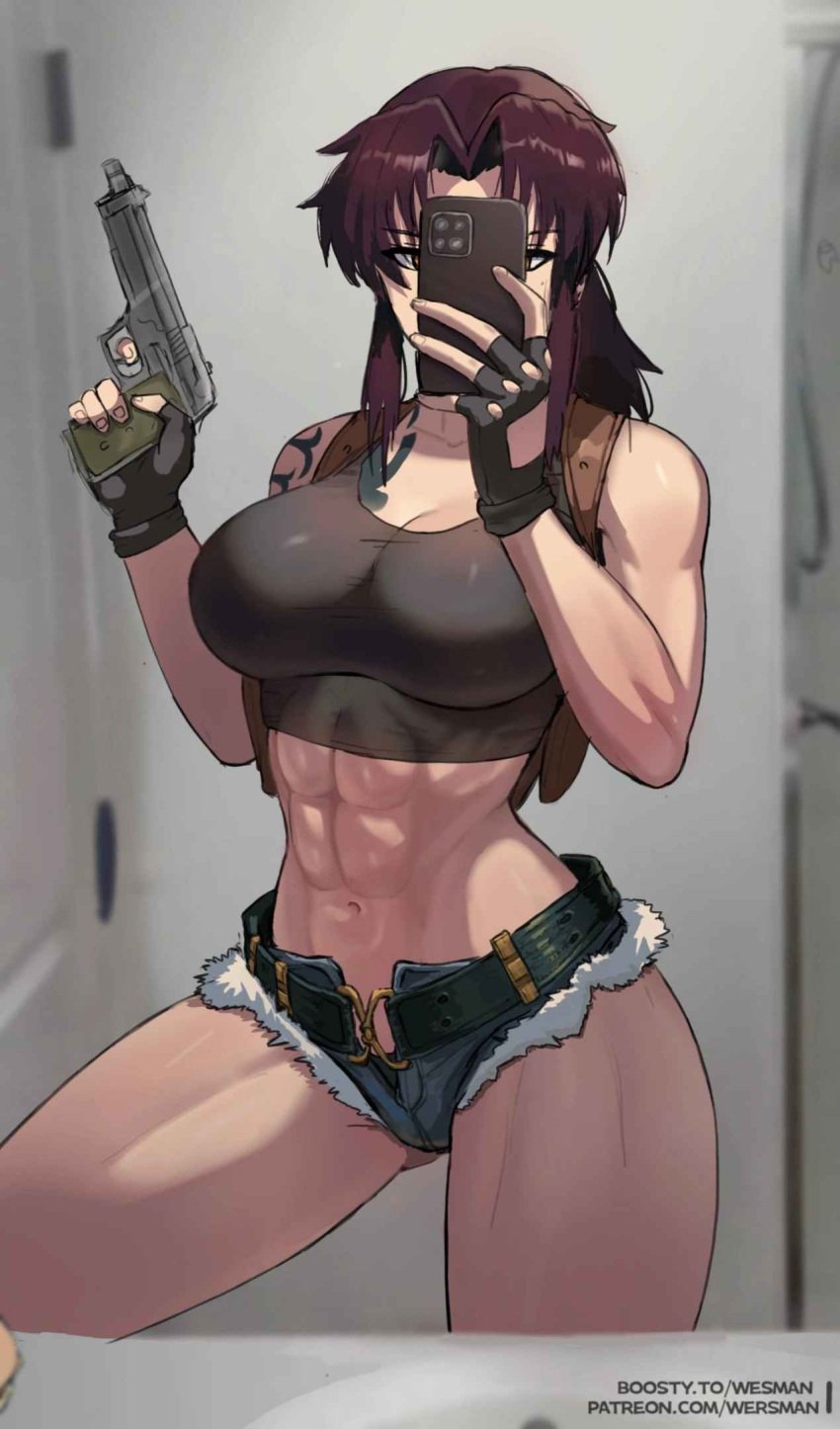 1girls alternate_body_type alternate_version_available athletic athletic_female beretta_92_(weapon) big_breasts black_lagoon casual clothed clothed_female denim_shorts electronics female female_abs female_only firearm fit fit_female gloves gun handgun harness human large_breasts mirror_selfie muscular muscular_female pale_skin phone pistol revy short_shorts solo tagme tattoo tattooed_arm tattoos thick_thighs weapon wersman