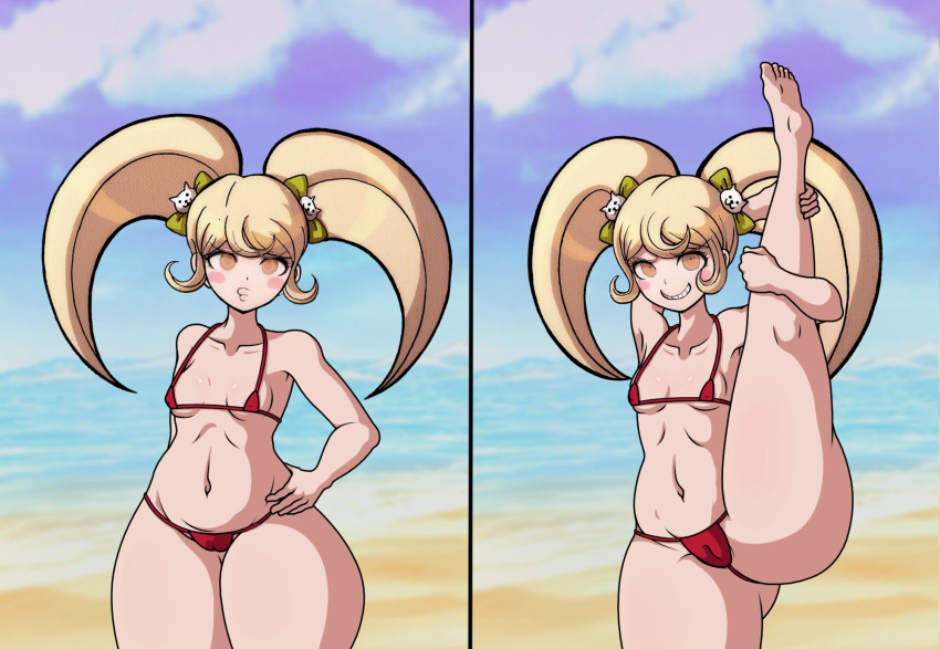 1girls alternate_version_available ass beach big_ass big_butt cheeeeeeeeeeeeen danganronpa danganronpa_2:_goodbye_despair female huge_ass huge_butt micro_bikini one_leg_up saionji_hiyoko shortstack smirking_at_viewer sole_female standing_split