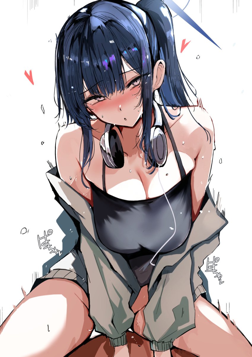 1boy :o black_camisole black_eyes black_hair blue_archive blue_halo blush bottomless breasts camisole cleavage clothed_female cowgirl_position female halo headphones headphones_around_neck heart highres jacket large_breasts long_hair looking_at_viewer motion_lines muoto off_shoulder ponytail saori_(blue_archive) saori_(swimsuit)_(blue_archive) sex sidelocks simple_background solo solo_focus spread_legs sweat vaginal_penetration white_background