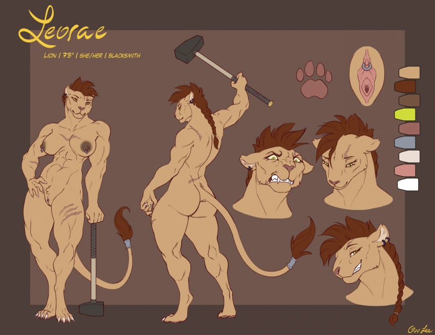 accessory anthro ass big_breasts big_butt braided_hair braided_ponytail breasts brown_hair brown_nipples clitoris clitoris_piercing ear_piercing expression_sheet felid female fur furgonomics genital_piercing genitals goolee hair hammer hi_res leorae_(saitumex) lion mammal model_sheet muscular muscular_female nipple_piercing nipples pantherine piercing pink_pussy ponytail pussy scar solo tagme tail tail_accessory tail_tuft tan_body tan_fur tools tuft weapon yellow_eyes