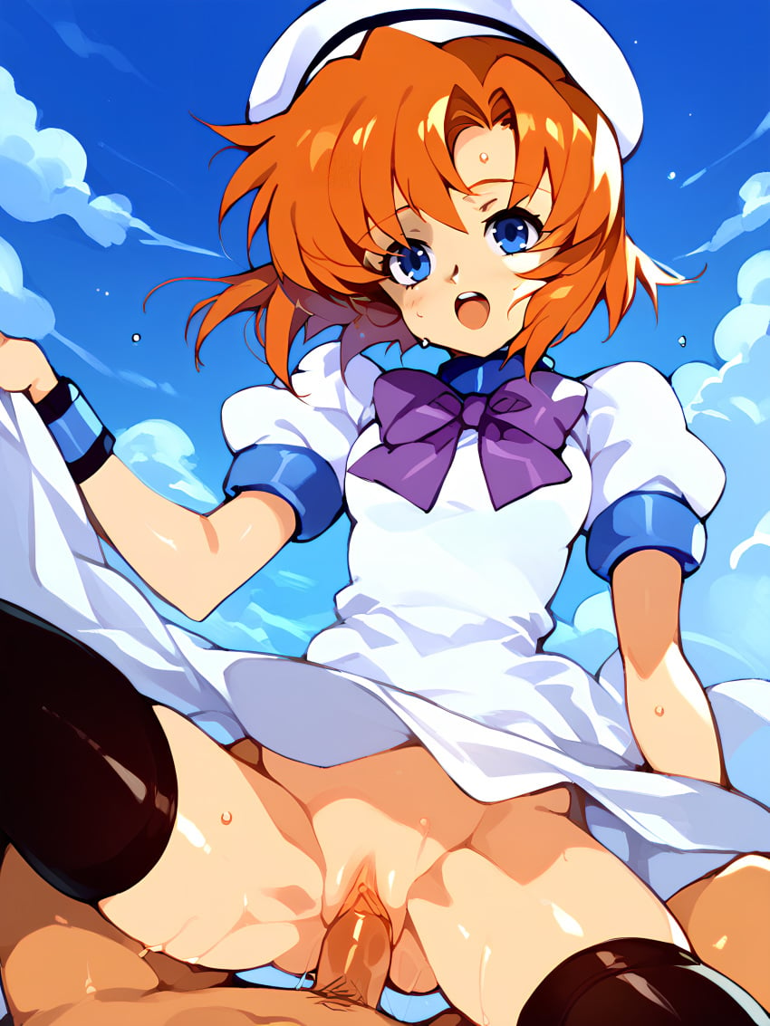 07th_expansion ai_generated blue_eyes bowtie dress hat higurashi_no_naku_koro_ni optionaltypo_(style) orange_hair ryuuguu_rena sex short_hair