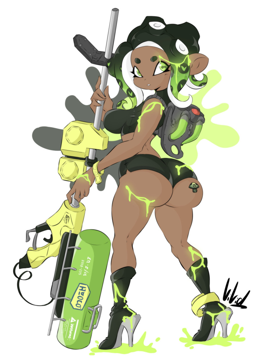 1girls agent_8_(splatoon) alternate_color alternate_version_available ass boobs breasts butt dark_skin dark_skinned_female dullvivid female female_focus female_only green_hair huge_breasts nintendo nipples octoling octoling_girl splatoon splatoon_(series) tits vinesauce_reference