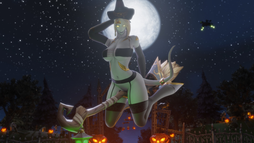 bra broom celne draenei feline halloween horns lightforged_draenei moon moonlight morilymory no_panties tail world_of_warcraft