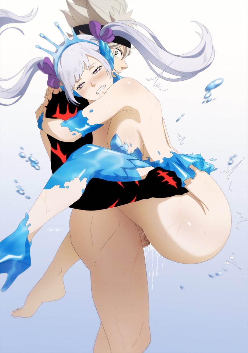 1boy 1girls akobeul ass asta_(black_clover) big_ass big_breasts black_clover breasts broken_armor cum cum_in_pussy cum_inside green_eyes lifting_person noelle_silva purple_eyes pussy_juice ripped_clothing sex sideboob silver_hair stand_and_carry_position sweat thick_thighs thighhighs twintails vaginal_penetration