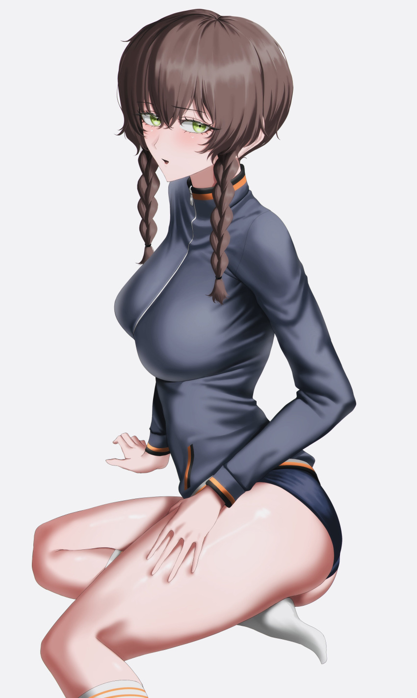 1girls amane_suzuha ass bloomers braided_hair brown_hair female green_eyes koha legs looking_at_viewer sfw shorts sitting socks steins;gate thick_thighs thighs tomboy track_jacket twin_braids