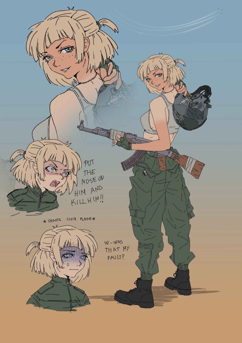 1girls ak47 blonde_hair blue_eyes combat_boots female image_set looking_at_viewer military military_clothing military_uniform radiarts rifle short_hair topwear