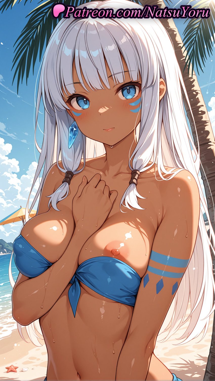 1girls 2025 ai ai_assisted ai_generated anime anime_style arm_between_breasts asian atlantis:_the_lost_empire bandeau bangs bare_arms bare_shoulders beach beach_umbrella between_breasts bikini blue_bikini blue_eyes blue_sky blunt_bangs blush breasts bust busty closed_mouth clothing cloud collarbone covered_nipples dark-skinned_female dark_skin day disney disney_channel disney_princess earring earrings facial_mark female female_focus female_only front-tie_bikini_top front-tie_top hand_on_own_chest hentai hi_res high_quality high_resolution highres jewelry kida kidagakash large_breasts long_hair looking_at_viewer medium_breasts midriff natsuyoru navel nipple_slip nipples nipples_outside ocean one_breast_out outdoors palm_tree patreon sidelocks silver_hair single_earring sky solo solo_female stable_diffusion starfish stomach strapless strapless_bikini swimsuit tanned tattoo tree umbrella uncensored_nipples upper_body voluptuous voluptuous_female water wet white_hair