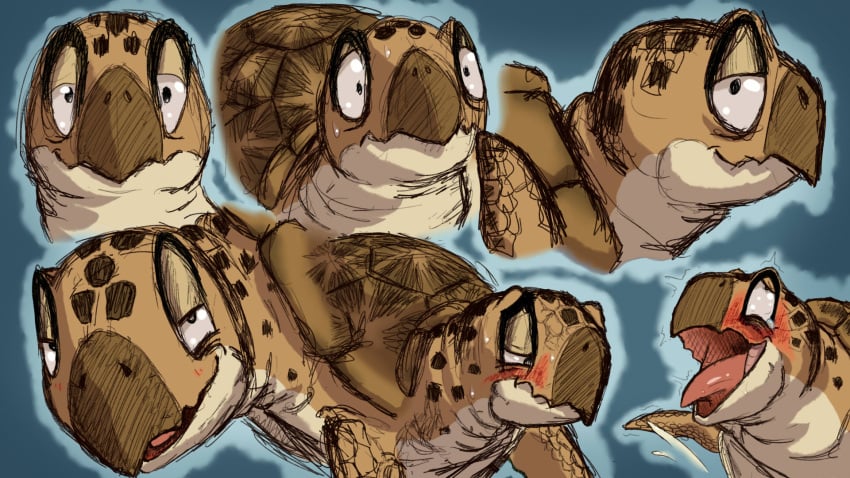 badday_(artist) beak blush bodily_fluids collage_(artwork) cum dragon_ball embarrassed expressions eye_roll feral flippers genital_fluids hi_res looking_at_viewer male nervous orgasm_face reptile scalie seductive shell simple_background solo turtle turtle_(dragon_ball)