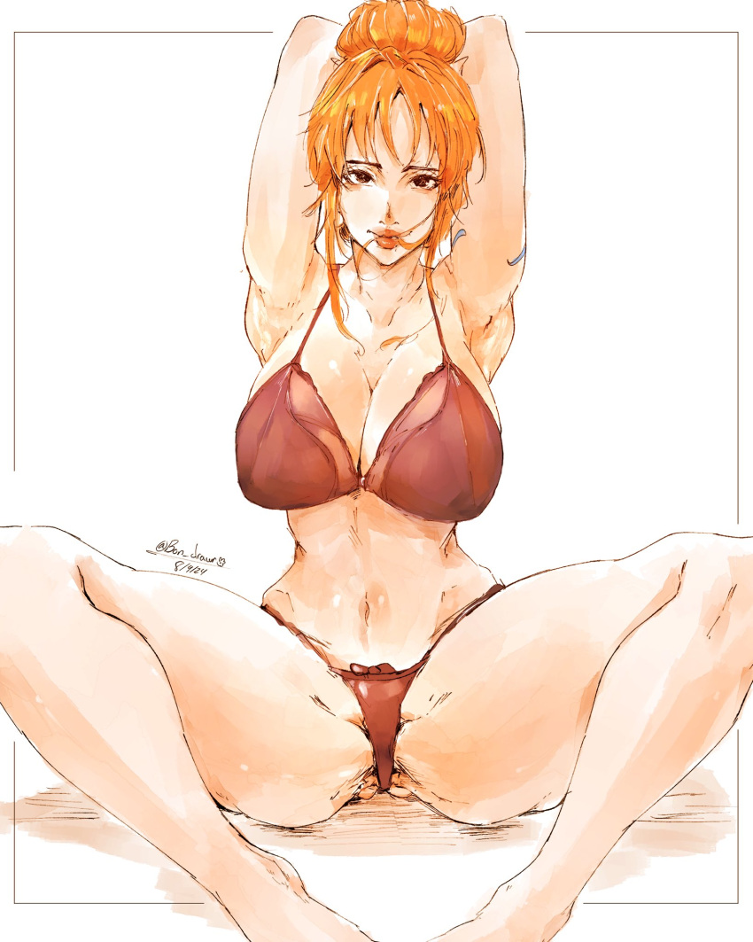 1girls 2d armpits arms_up big_breasts bikini bon_drawr female female_focus female_only long_hair looking_at_viewer nami nami_(one_piece) one_piece post-timeskip thick_thighs