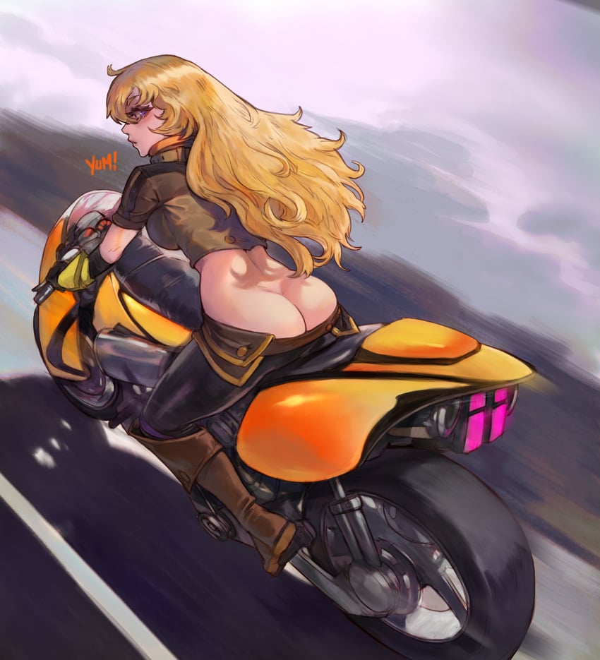 1girls ass ass_cleavage ass_focus back_view big_ass blonde_hair butt_crack driving female female_only light-skinned_female looking_back motor_vehicle motorcycle pants_down riding round_ass rwby yang_xiao_long yum!