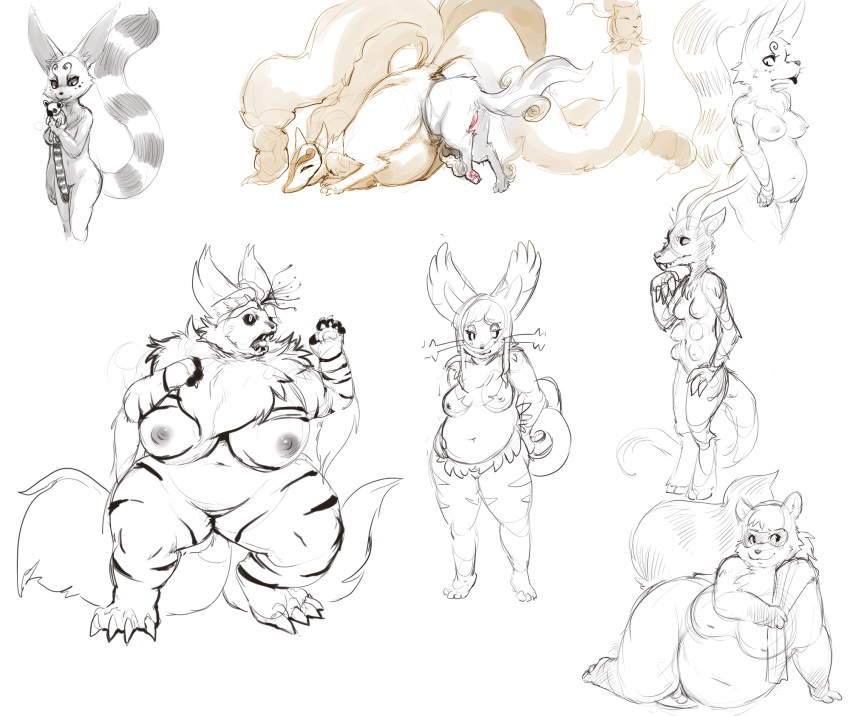 anthro_only bbw big_ear blush breasts chest_tuft chubby claws ear_back fangs female horns lemur multi_breast multi_tail pokemon pokemorph purplekecleon purugly pussy sketch stripes tail teeth unbirthing vore