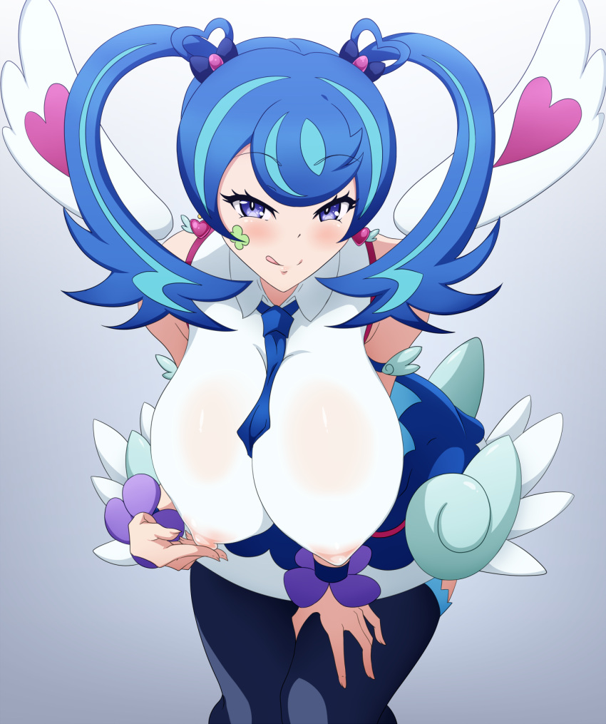 blue_angel blue_eyes blue_hair blush clothing danpu female large_breasts legwear seductive_look seductive_smile smile tongue touching_nipples twintails visible_nipples wings yu-gi-oh! yu-gi-oh!_vrains zaizen_aoi