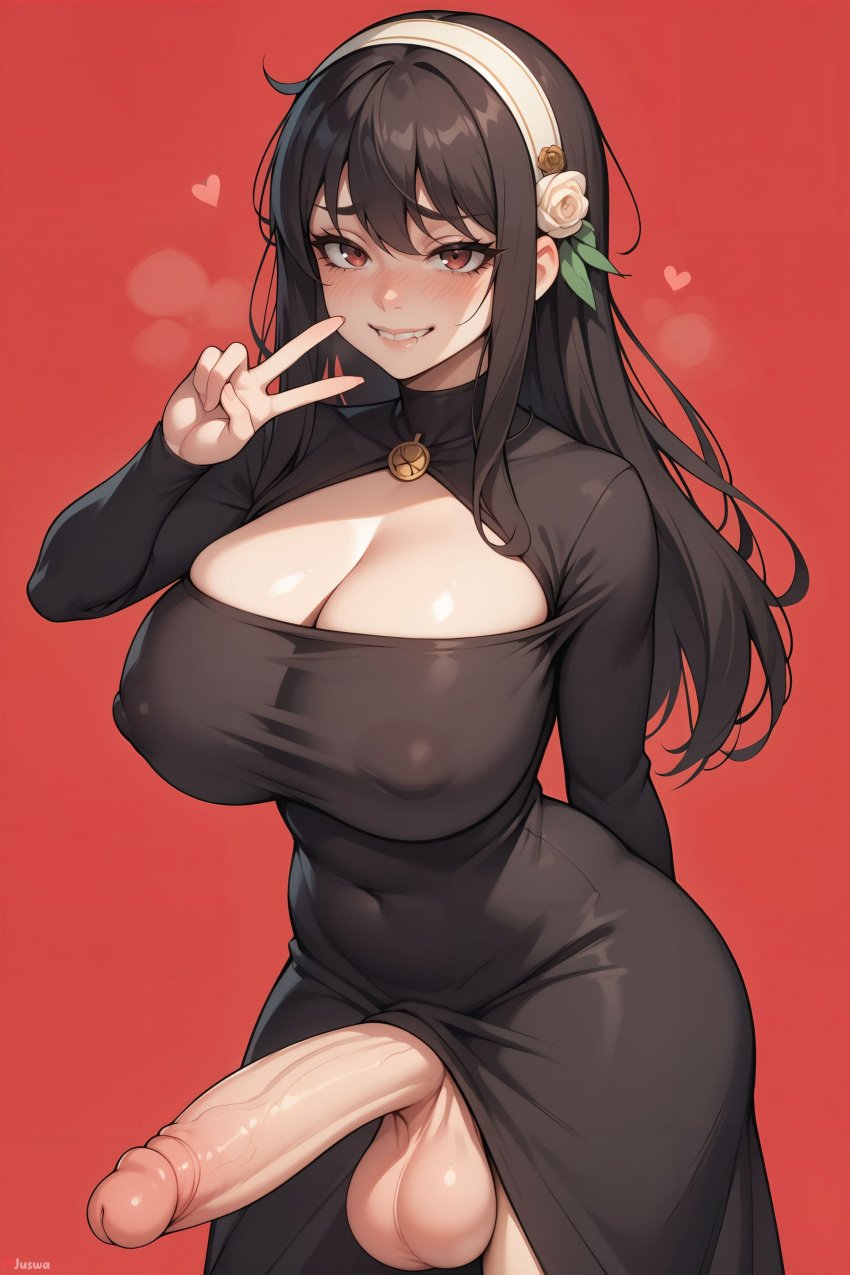 1futa ai_generated arm_behind_back artist_name black_dress black_hair blush breasts cleavage cleavage_cutout clothing_cutout covered_navel covered_nipples dress erect_penis erection female flower futa_only futa_sans_pussy futanari grin hair_flower hair_ornament hairband heart hearts huge_cock juswa large_breasts large_penis large_testicles long_hair long_sleeves looking_at_viewer peace_sign penis red_background red_eyes simple_background smile solo spy_x_family teeth testicles uncensored v veins veiny_penis yor_briar yor_forger