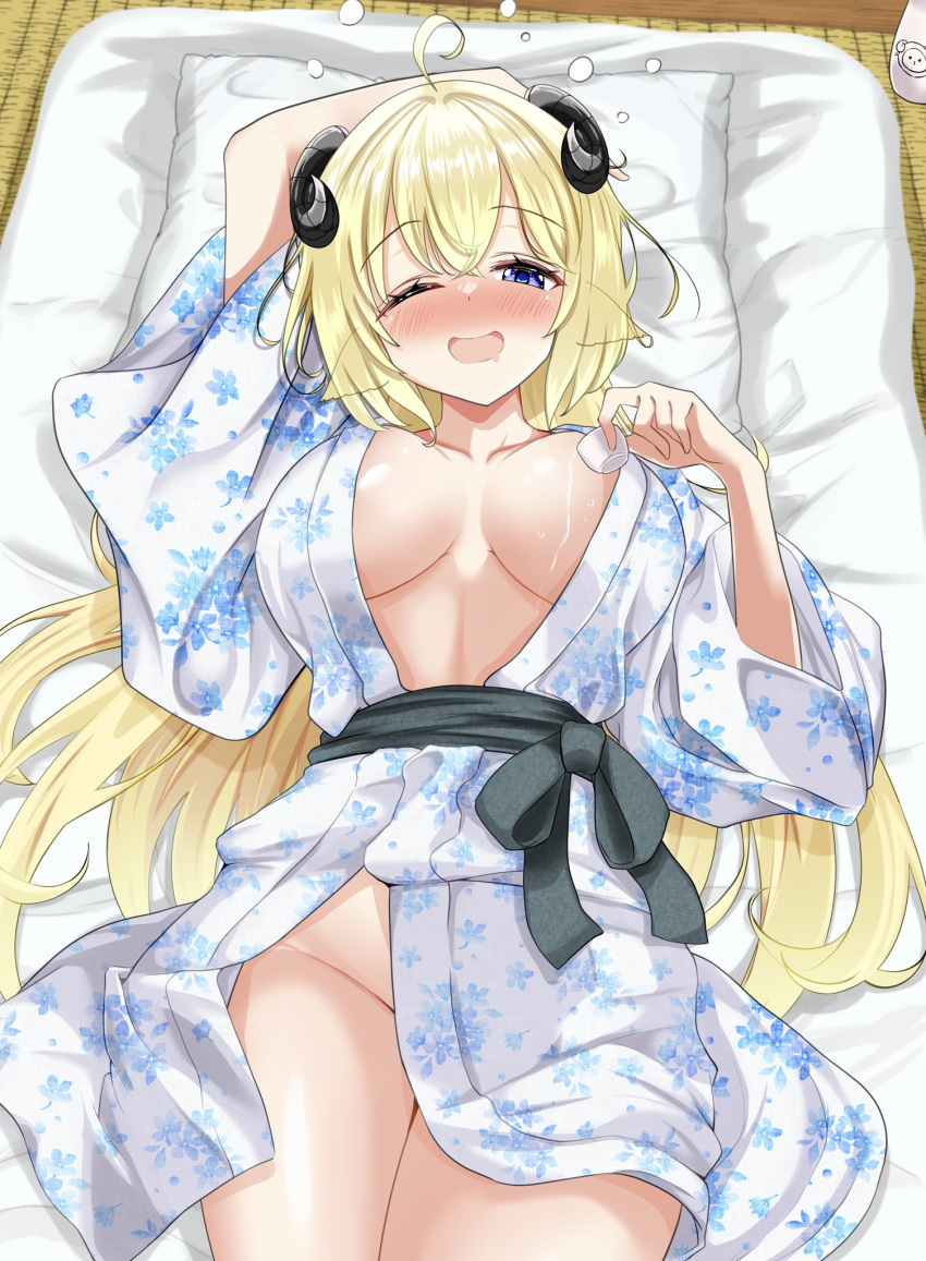 1girls animal_ears blonde_hair blush breasts clothed clothing cup drunk eyebrows_visible_through_hair female female_only futon holoforce hololive hololive_japan horns huge_breasts indoors inokeiwd laying_down laying_on_bed light-skinned_female light_skin no_bra no_panties no_underwear nose_blush one_eye_closed purple_eye sake sake_cup sheep_ears sheep_girl sheep_horns solo tatami tsunomaki_watame virtual_youtuber wine yukata