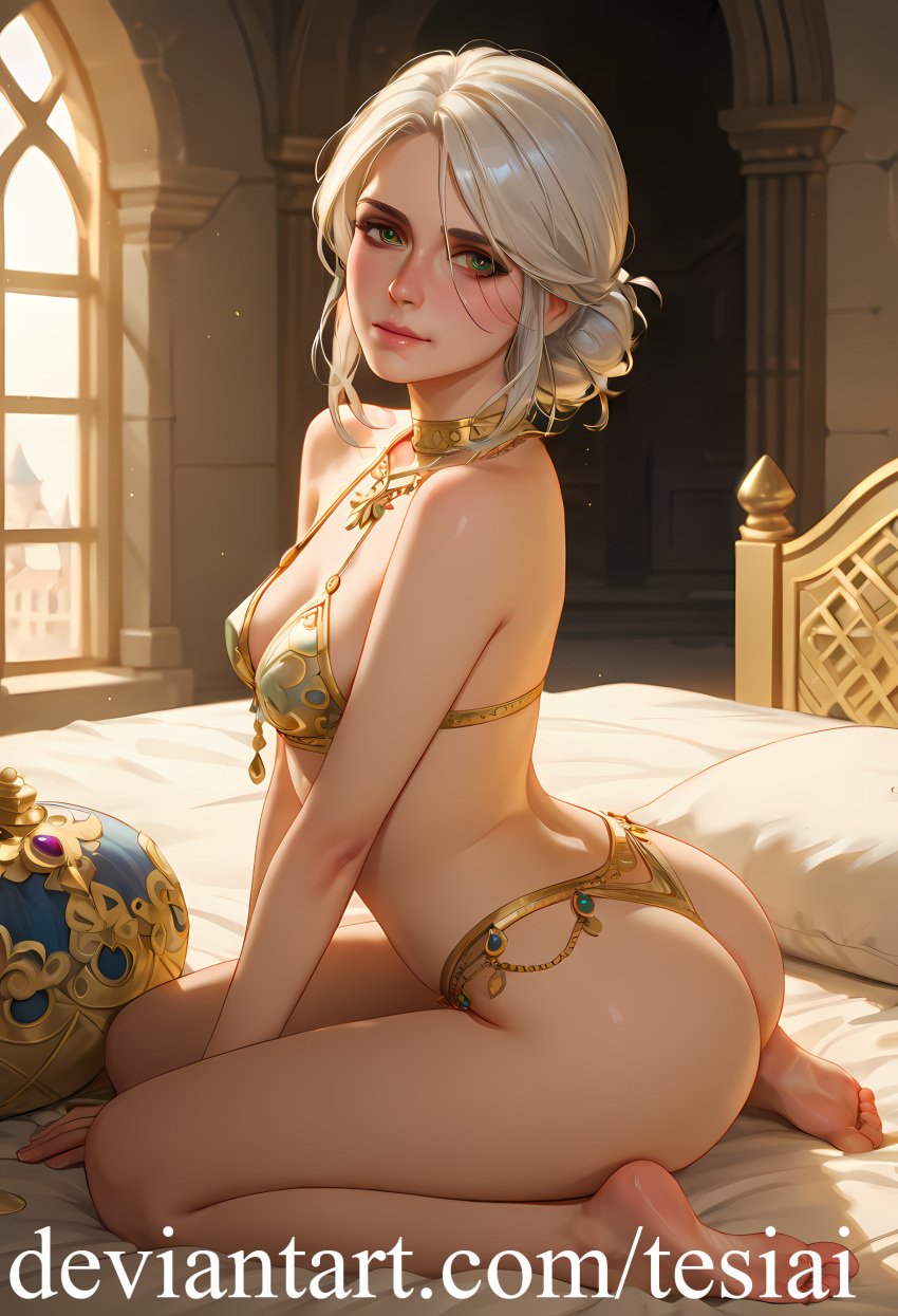 ai_generated ass bed bedroom bra breasts ciri feet female green_eyes light-skinned_female lingerie looking_at_viewer scar small_breasts solo tesiai the_witcher_(series) the_witcher_3:_wild_hunt thong white_hair