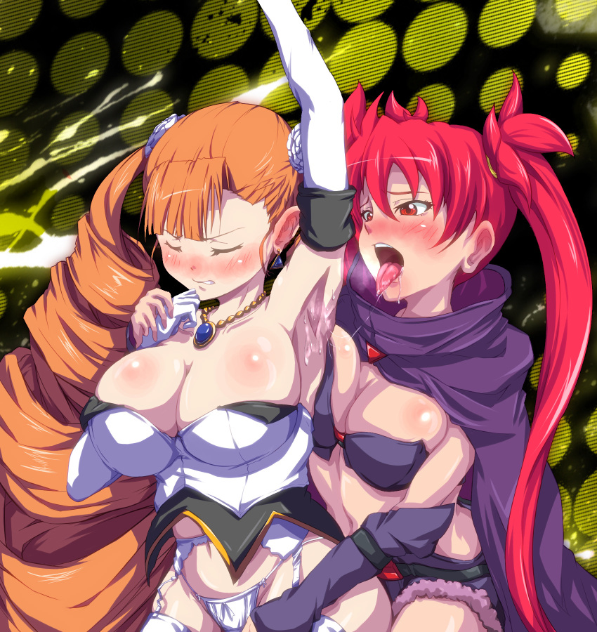 2girls arcana_heart arcana_heart_2 arcana_heart_3 armpit armpit_licking armpits blush breasts cleavage female female_only highres licking multiple_girls panties petra_johanna_lagerkvist saliva scharlachrot sian tongue underwear yuri