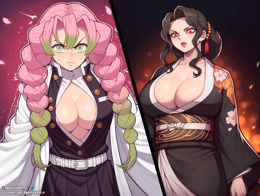 1futa 1girls 2024 agentuxhat_ ai_generated angry angry_face black_hair blush demon_girl demon_slayer futanari green_eyes green_hair huge_breasts kanroji_mitsuri kimetsu_no_yaiba kimono large_breasts looking_down mature mature_female muzan_kibutsuji pink_hair red_eyes sweat white_skin