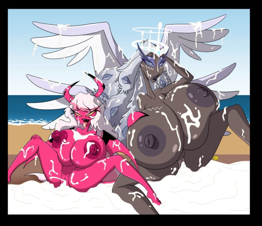 2girls after_sex angel angel_girl angel_wings areolae big_breasts breasts covered_in_cum cum_drip cum_in_pussy cum_inside cum_on_breasts cum_on_face cum_on_hair demon demon_girl demon_horns demon_wings exhausted female female_only halo hazbin_hotel helluva_boss huge_breasts hyper_breasts ilpanza looking_pleasured nipples nude nude_female pussy satisfied_look sera_(hazbin_hotel) smile succubus verosika_mayday_(helluva_boss)