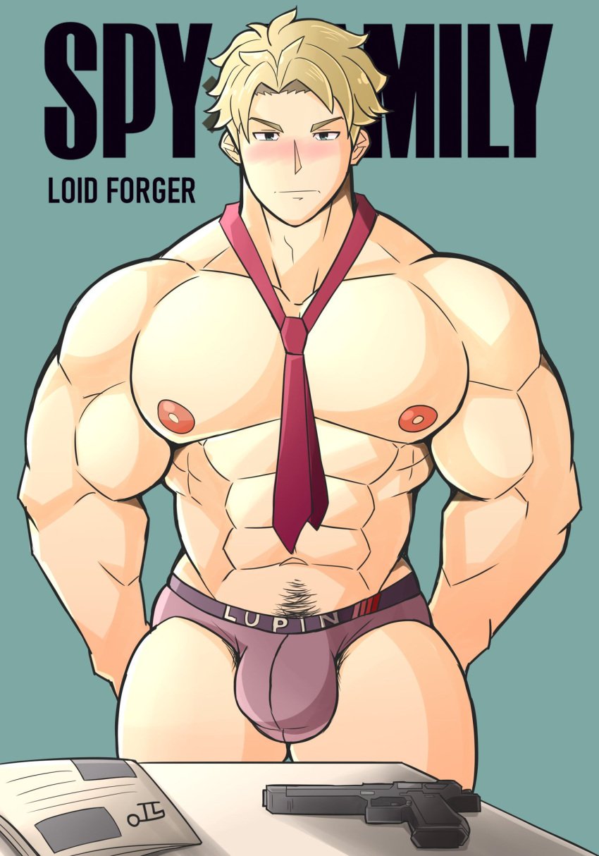 abs artist_name bara biceps blonde_hair blush loid_forger looking_at_viewer lupin_time male_only muscular_male partially_clothed pecs spy_x_family tagme tie underwear