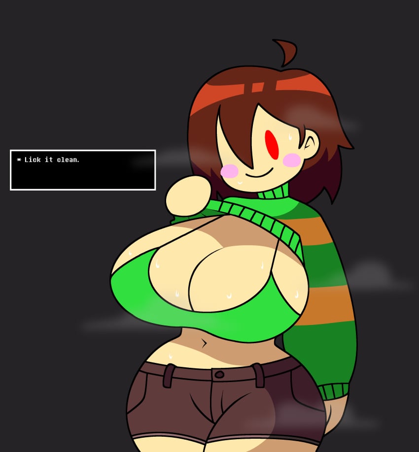 1girls 2d blush breasts chara cleavage clothing_lift dialogue english_text female female_only huge_breasts human human_female human_only jutsapostion musk red_eyes solo steam steaming_body steamy sweat sweatdrop sweater talking text undertale undertale_(series)