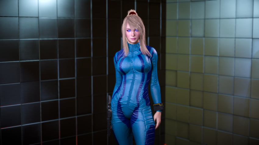 1girls 3d 3d_(artwork) bimbo blonde_hair blue_eyes bodysuit breasts female female_protagonist lipstick long_hair love_wolf metroid nintendo ponytail samus_aran white_skin zero_suit zero_suit_samus