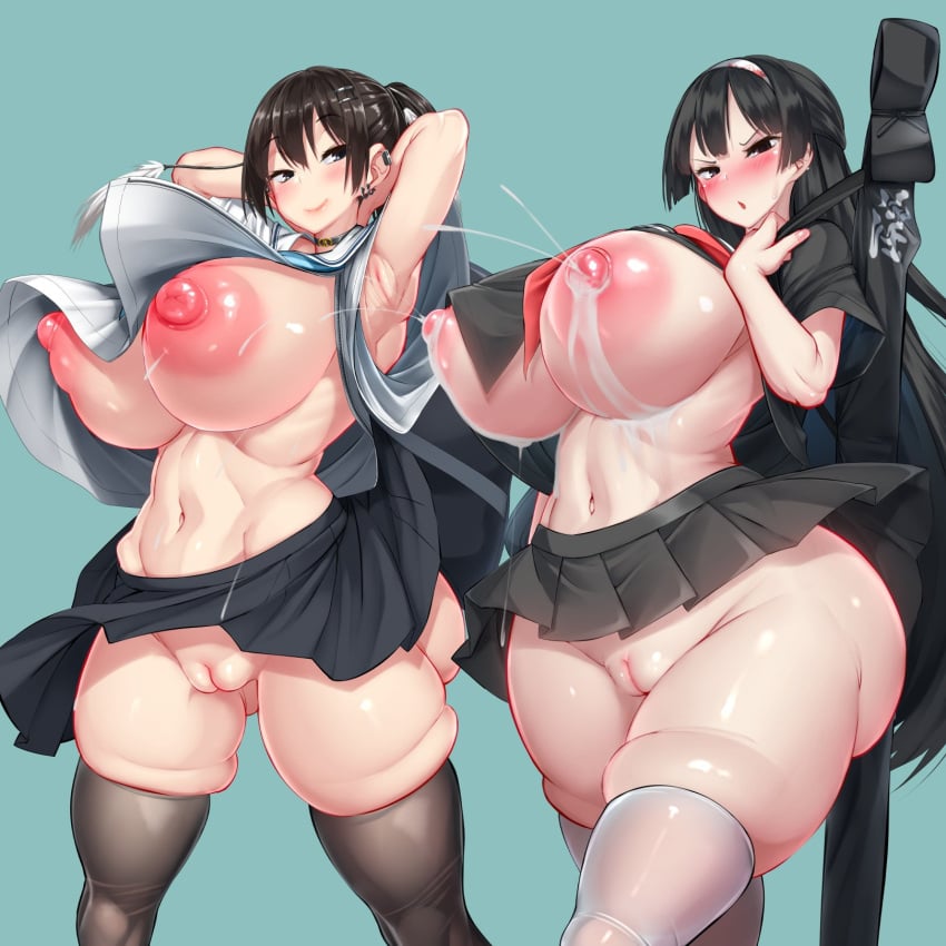 2girls areolae big_breasts bimbo breasts clothed clothing female female_only functionally_nude gigantic_breasts huge_areolae huge_breasts human hyper hyper_breasts kawahagitei kota_shinobu lactation large_breasts light-skinned_female light_skin massive_breasts mizuki_kawahagi mostly_nude nipples original pussy school_uniform thick_thighs voluptuous