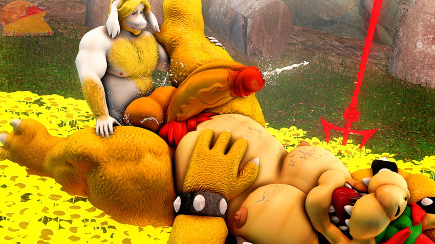 2023 2boys 3d_(artwork) anal anal_sex anthro asgore_dreemurr belly big_penis bodily_fluids body_hair boss_monster bovid bowser bracelet_only caprine chest_hair closed_eyes crossover cum cum_in_ass cum_inside cum_on_belly cum_on_body cum_on_chest cum_while_penetrated cumshot digital_media_(artwork) duo eastern_and_western_character ejaculation erect_nipples flower flower_bed gay gay_sex genital_fluids genitals goat grass hairy_arms happy happy_sex hi_res huge_cock koopa leg_glider_position lying male male/male male_only mammal mario_(series) melee_weapon moonwulf musclegut muscular muscular_male nintendo nipples nude on_back orgasm penetration penis plant polearm pubes raised_leg reptile rock scalie sex size_difference small_dom_big_sub source_filmmaker spread_legs spreading tongue tongue_out trident turtle undertale undertale_(series) weapon yaoi