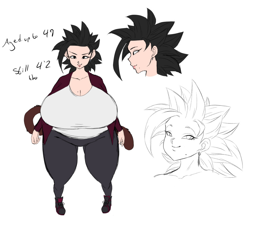 ass_visible_through_thighs big_thighs black_eyes black_hair black_pants breasts character_sheet chubby chubby_female cleavage dragon_ball earrings enormous_thighs fat_thighs gigantic_breasts gigantic_thighs huge_thighs isxues large_thighs lipstick massive_thighs mole mole_on_breast mole_under_mouth multiple_views nanma_(isxues) original_character pants plump plump_thighs saiyan short_hair sketch slightly_chubby smile smiling spiky_hair sweater tail text thighs white_shirt