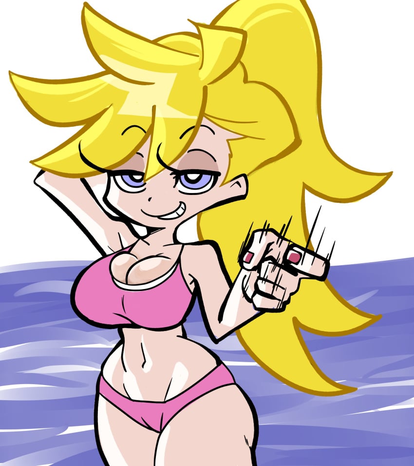 1girls accurate_art_style big_breasts bikini bikini_bottom bikini_top blonde_hair blue_eyes breasts cleavage female female_only gesture hair half-closed_eyes hand_behind_head handjob_gesture hips huge_breasts motion_lines nail_polish nails panties panty_&_stocking_with_garterbelt panty_anarchy pink_bikini ponytail pseudocel solo solo_female swimwear thighs