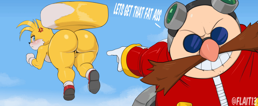 animated anthro ass big_ass big_butt canid canine dr._eggman dr_robotnik duo exposed_torso femboy flait flying footwear fox furry handwear hi_res male male/male mammal meme mobian_(species) sega sonic_(series) sonic_the_hedgehog_(series) tails thick_thighs