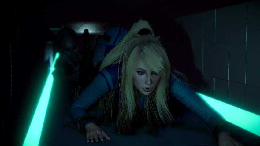 1girls 3d blonde_hair blue_eyes bodysuit breasts crawling escape female female_protagonist lipstick long_hair love_wolf metroid ponytail samus_aran white_skin zero_suit zero_suit_samus