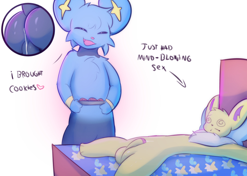 absurd_res after_sex aftercare anthro anthrofied ass backsack balls bed blue_body blue_fur bodily_fluids closed_eyes cookie cum cum_drip cum_inside cutout dialogue dizzy dizzy_eyes dripping duo eeveelution english_text fatal_dx flaccid food fur furniture generation_1_pokemon generation_4_pokemon genital_fluids genitals heart hi_res humanoid_genitalia humanoid_penis jolteon lying male male/male nintendo on_back open_mouth open_smile penis pokemon pokemon_(species) shinx simple_background smile standing text yellow_body yellow_fur
