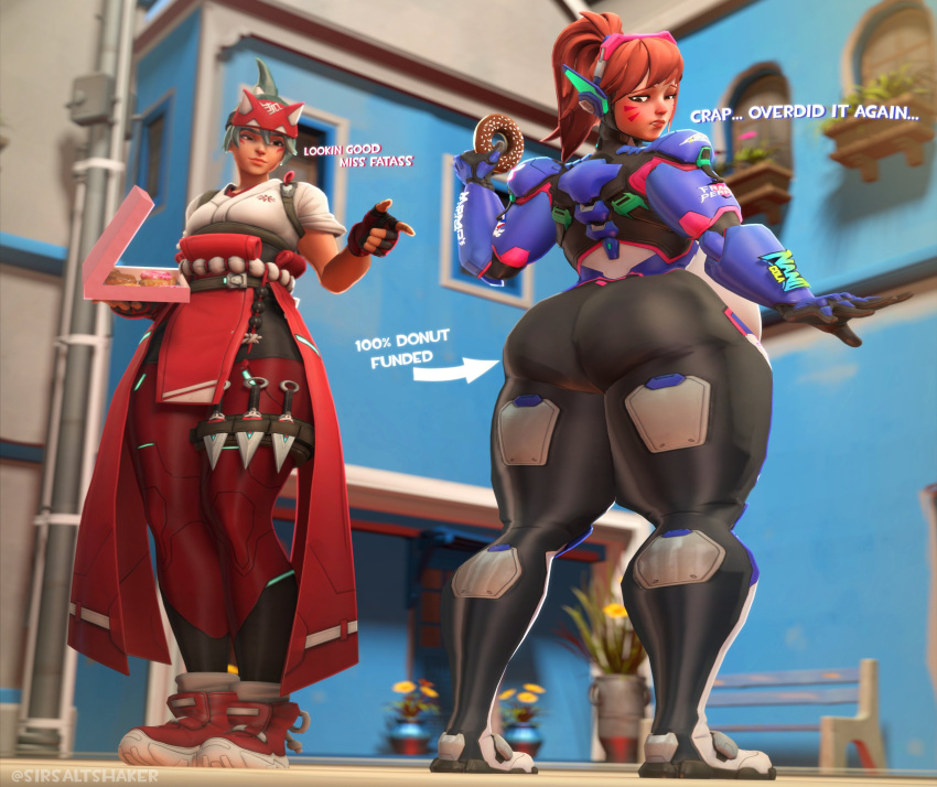 2girls 3d blizzard_entertainment box_of_donuts brown_hair d.va donut fat female_only fingerless_gloves from_behind green_hair hana_song huge_ass implied_transformation japanese_clothes kiriko_(overwatch) kunai outdoors overwatch overwatch_2 ponytail sfm shoes sirsaltshaker thick_thighs whisker_markings worried