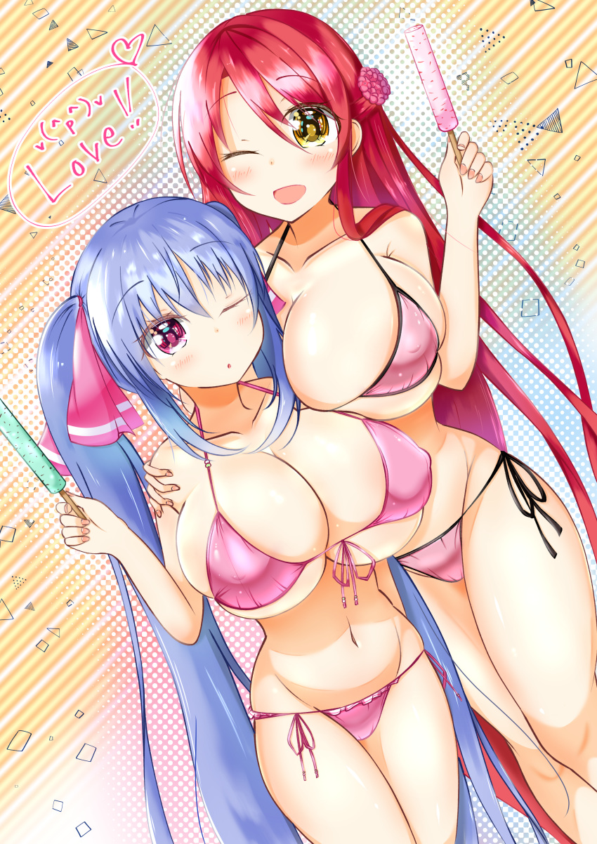 2girls artist_request bikini blue_hair breasts_bigger_than_head clothed collarbone cute female female_only flower_knight_girl geranium_(flower_knight_girl) gold_eyes hair_ribbon hourglass_figure huge_breasts hugging ice_cream long_hair navel pink_eyes popsicle red_hair riko_(shuz) shortstack slim_waist string_bikini thick_thighs top_heavy twintails