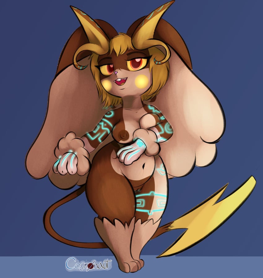 anthro blonde_hair bob_cut breasts brown_body brown_fur chubby_belly chubby_female cosmonaut fangs female fluffy fluffy_ears fur fusion generation_1_pokemon generation_4_pokemon genitals hair hi_res looking_at_viewer lopunny mammal markings midna navel nintendo nipples open_mouth paws pink_nose pokemon pokemon_(species) pokemon_fusion pussy raichu short_stack simple_background slightly_chubby solo teeth teeth_showing teeth_visible the_legend_of_zelda tongue twilight_princess yellow_eyes