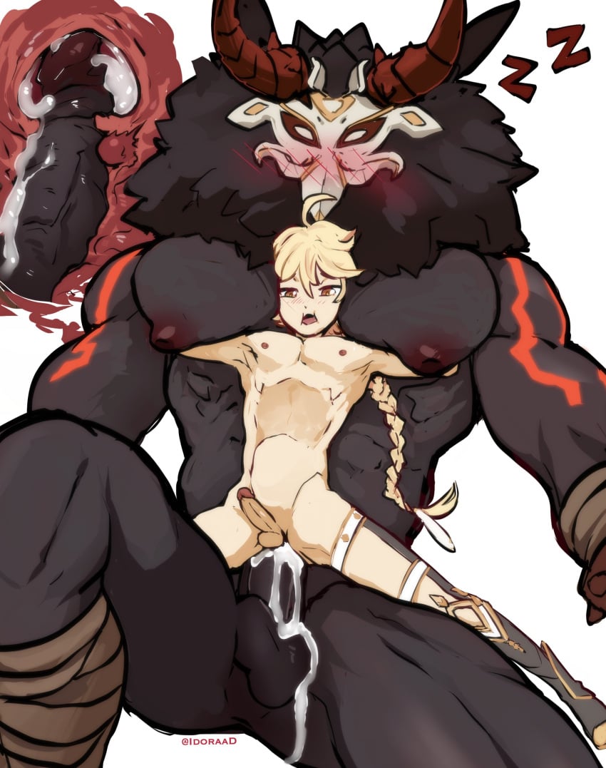 abs aether_(genshin_impact) anal anal_sex balls big_dom_small_sub big_pecs big_penis black_body black_fur black_mane blonde_hair blush bodily_fluids chair_position cum cum_in_ass cum_inside dominant dominant_humanoid dominant_male duo ejaculation erection from_behind_position fur gay gay_sex genital_fluids genitals genshin_impact hi_res hilichurls_(species) horn huge_pecs human human_on_humanoid human_penetrated humanoid humanoid_penetrating humanoid_penetrating_human inflation internal interspecies larger_humanoid larger_male lilprincyvi male male/male male_penetrated male_penetrating male_penetrating_male mammal mane mihoyo mitachurl monster muscular muscular_humanoid muscular_male naked nipples nude open_mouth pec_smothering pecs penetration penile penile_penetration penis penis_in_ass ponytail sex signature sitting sitting_on_another sitting_on_penis size_difference sleep_sex sleeping smaller_human smaller_male smaller_penetrated sound_effects stomach_bulge submissive submissive_human submissive_male vowelless vowelless_sound_effect yaoi